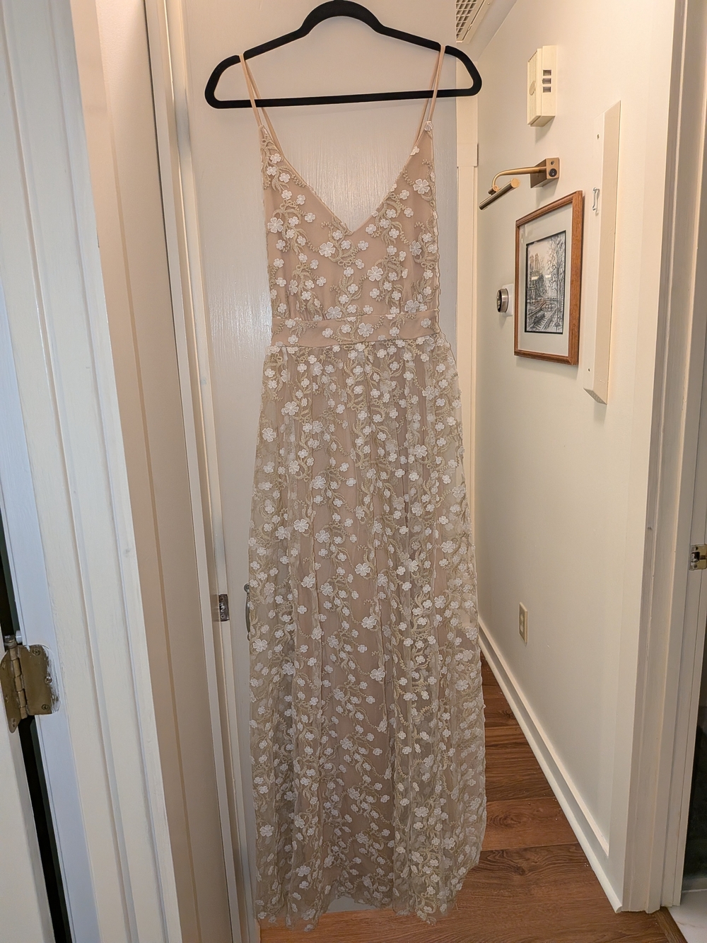 ARULA Beige Maxi Dress with White Floral Embroidery Size A (1X)